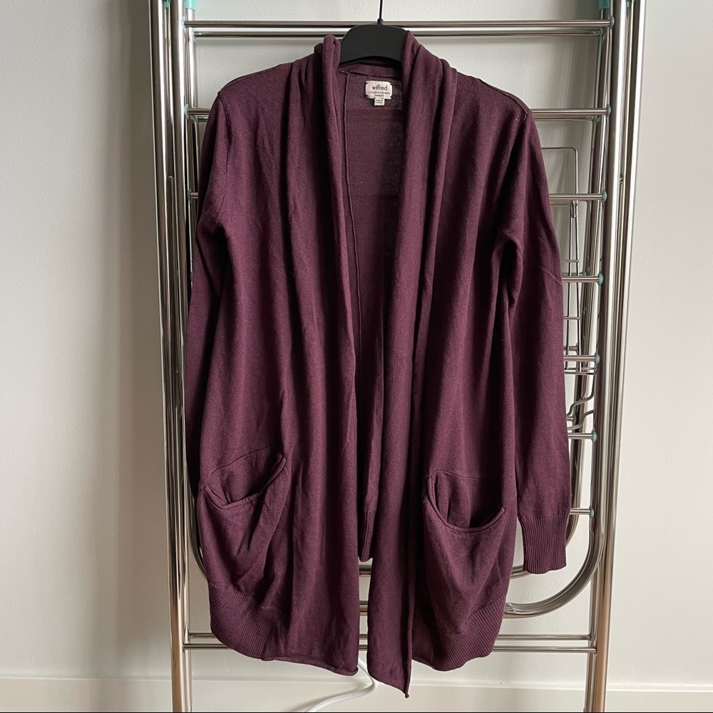 ARITZIA WILFRED Silk & Cashmere Blend Open Front Plum Cardigan